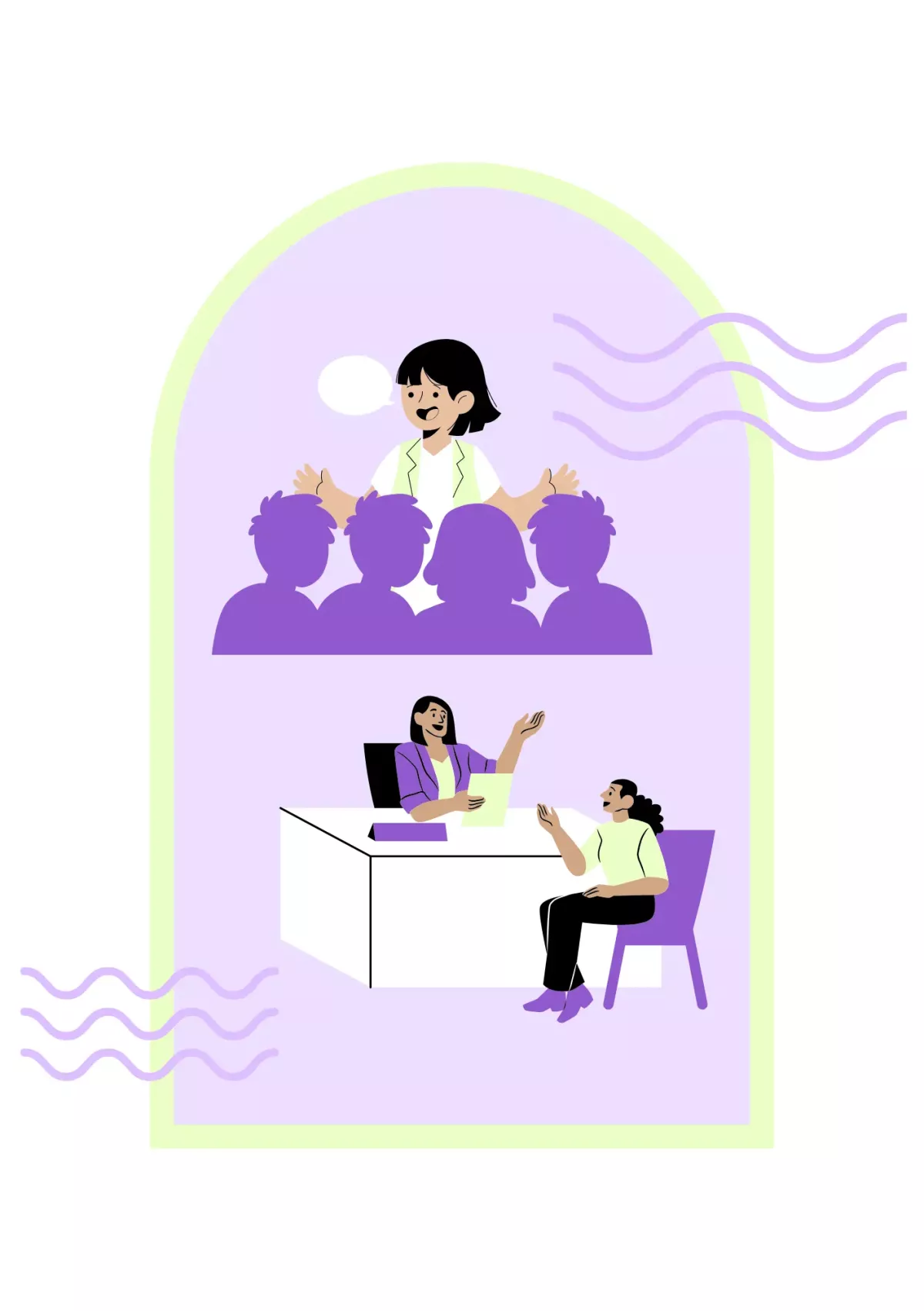 Eine Person unterrichtet eine Gruppe von Schüler:innen. Eine andere Person ist in einem Beratungsgespräch mit jemanden.