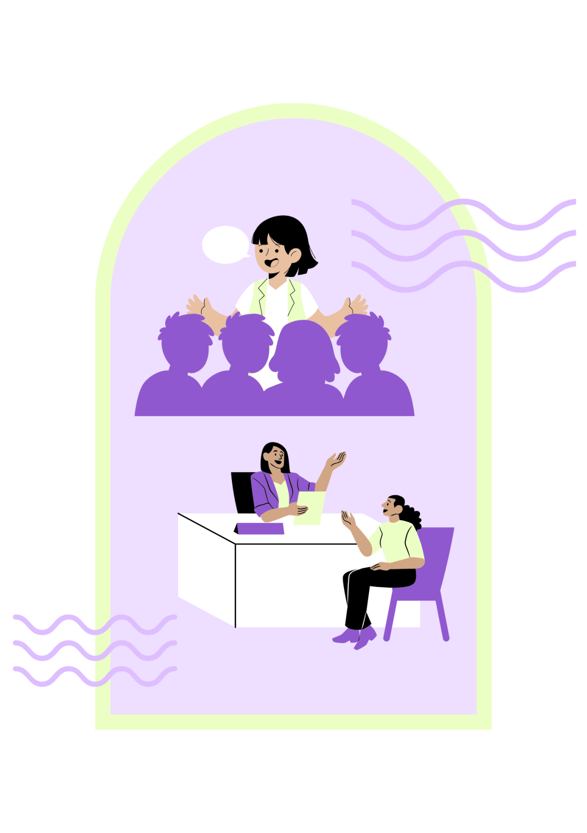 Meine Angebote: Gruppenworkshops und Einzelberatungen in der Sexualpädagogik. Eine Person unterrichtet eine Gruppe von Schüler:innen. Eine andere Person ist in einem Beratungsgespräch mit jemanden.