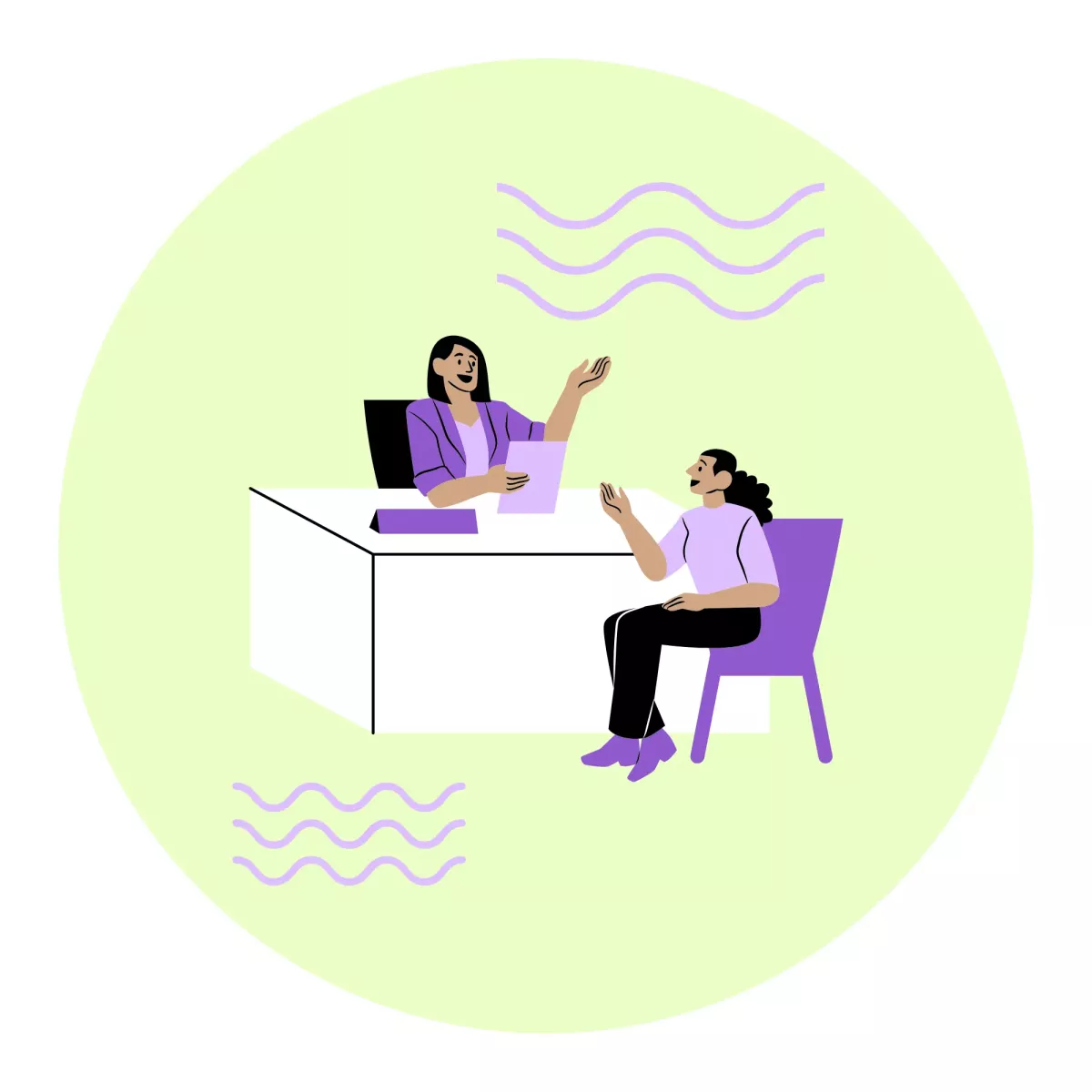 Eine Sexualpädagogin sitzt in einem vertraulichen Einzelgespräch mit einer Person an einem Tisch.