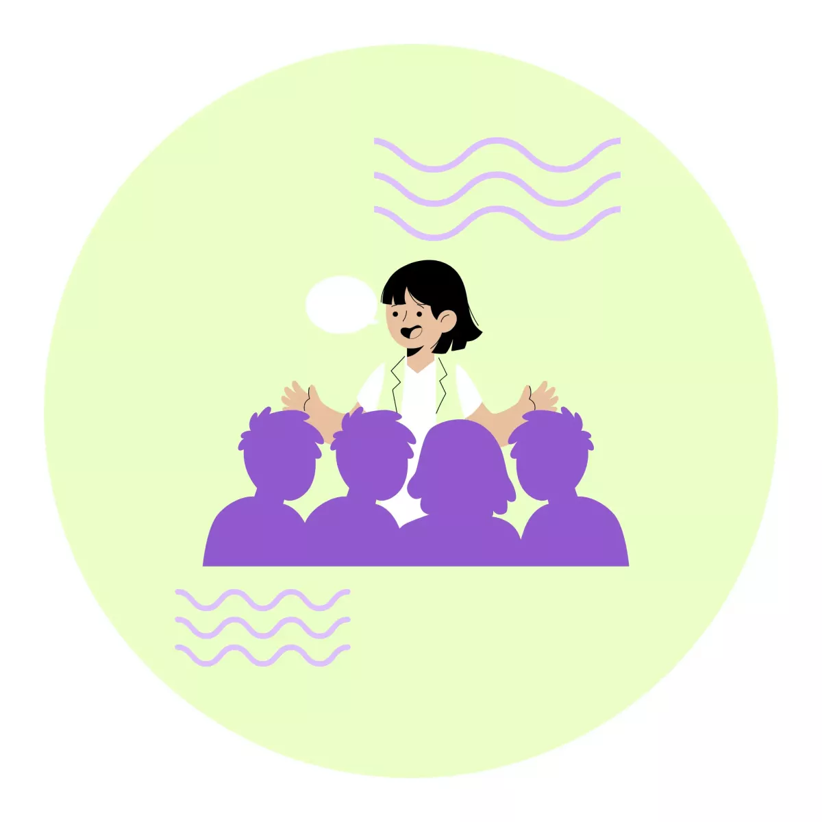 Eine Sexualpädagogin unterrichtet eine Gruppe von Schüler:innen. Die Teilnehmenden sitzen in einem Halbkreis und hören aufmerksam zu.