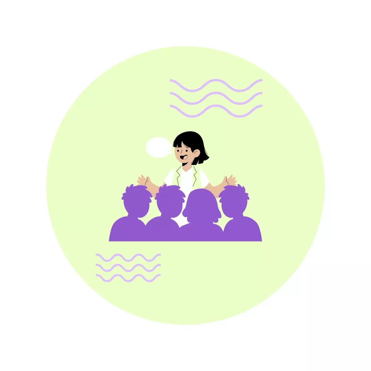 Eine Sexualpädagogin unterrichtet eine Gruppe von Schüler:innen. Die Teilnehmenden sitzen in einem Halbkreis und hören aufmerksam zu.